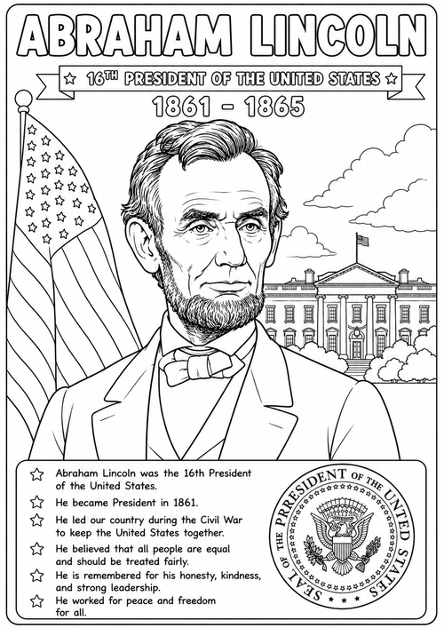 Black and white coloring page featuring Abraham Lincoln as the 16th President of the United States, with a portrait, flag, White House, and biographical text.