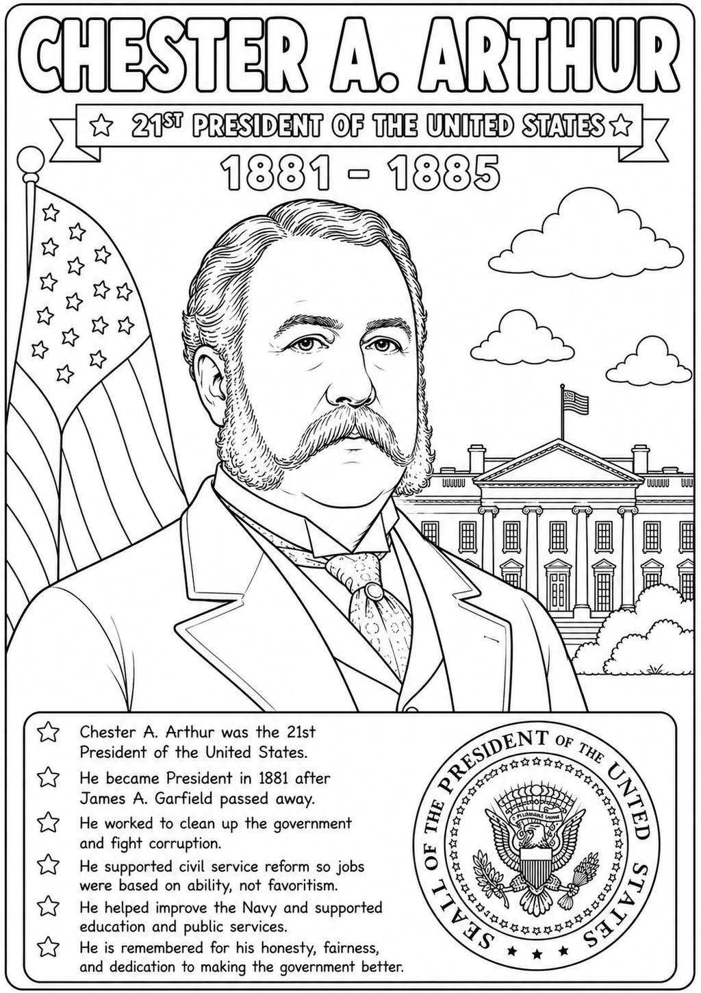Black and white coloring page featuring Chester A. Arthur, 21st President of the United States, with a portrait, flag, White House, clouds, and a text box with biographical facts.