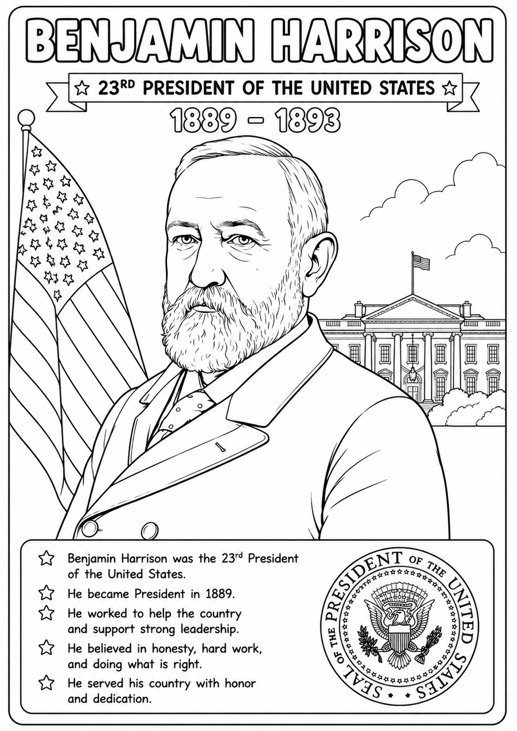 Black and white coloring page featuring Benjamin Harrison, the 23rd President of the United States, with a portrait, White House background, U.S.