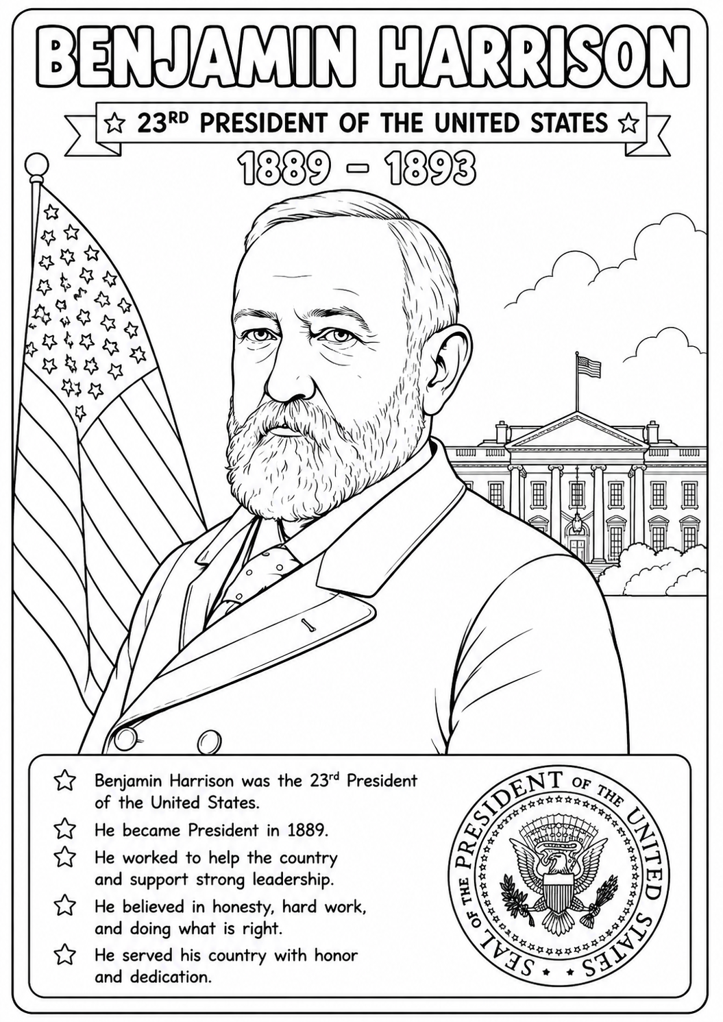 Black and white coloring page featuring Benjamin Harrison, the 23rd President of the United States, with a portrait, White House background, U.S.
