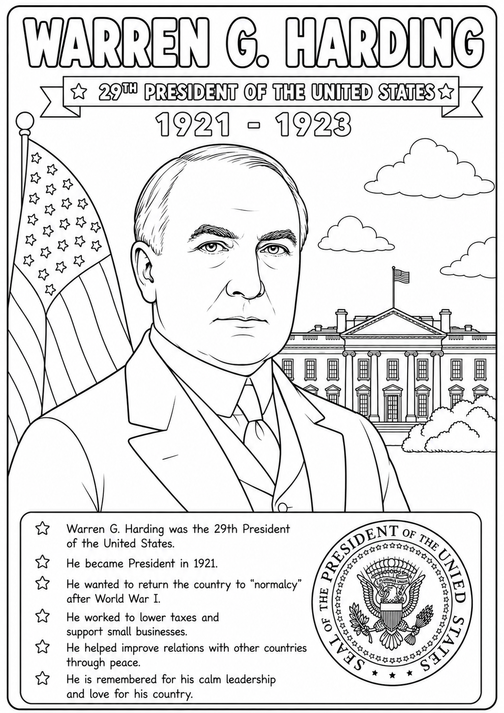 Black and white coloring page featuring a portrait of Warren G. Harding, the 29th President of the United States, with the text 'WARREN G.