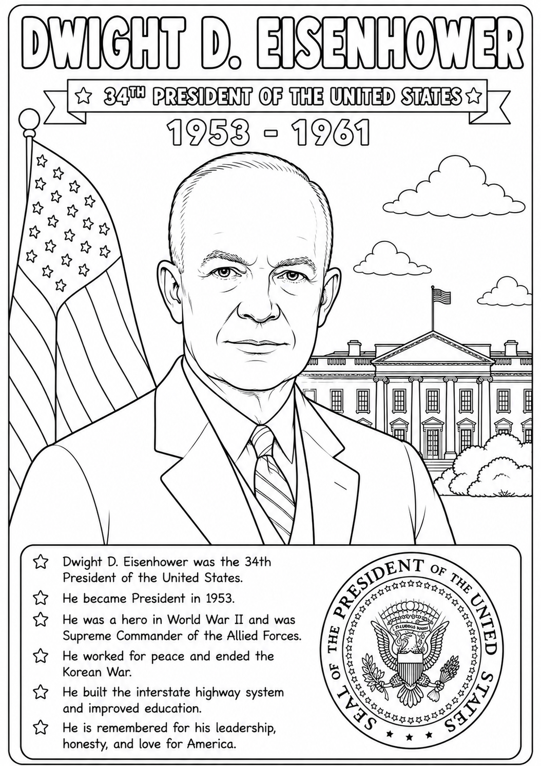 Black and white coloring page featuring a portrait of Dwight D. Eisenhower, the 34th President of the United States, with the years 1953-1961.