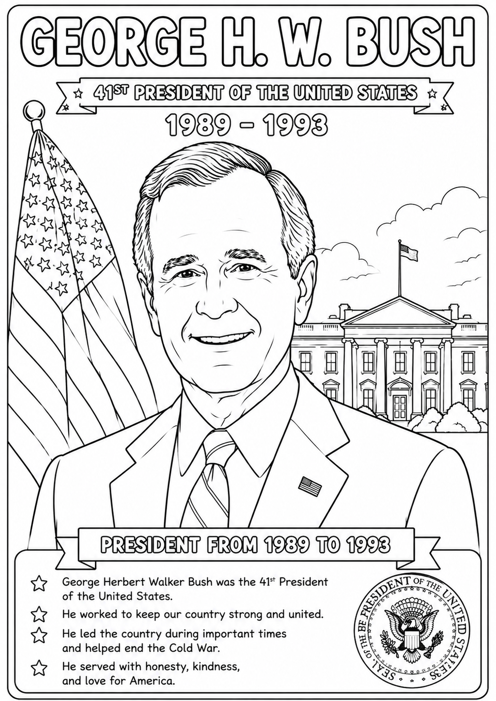 Black and white coloring page featuring a portrait of George H.W.