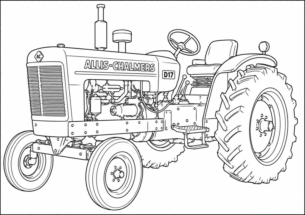 Black and white line art illustration of an Allis-Chalmers D17 tractor, shown from a three-quarters front angle on a plain white background.