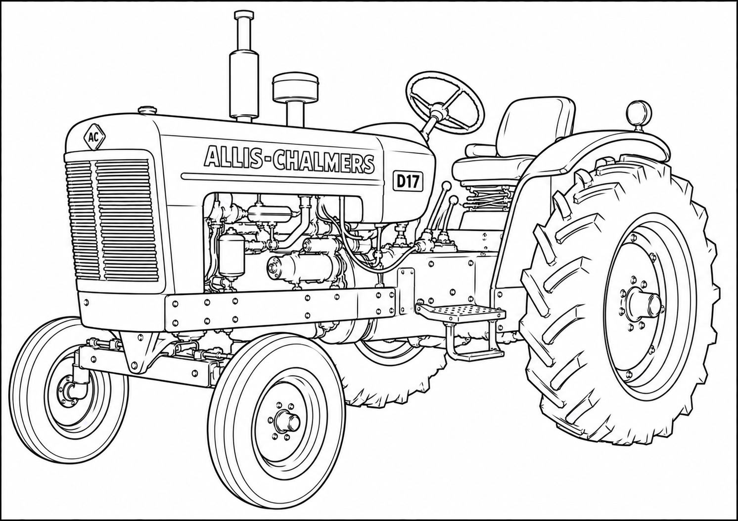 Black and white line art illustration of an Allis-Chalmers D17 tractor, shown from a three-quarters front angle on a plain white background.