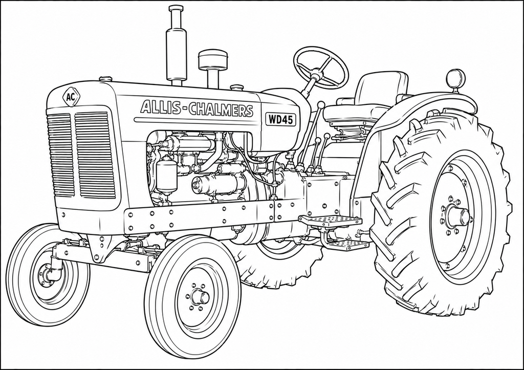 Black and white line art illustration of an Allis-Chalmers WD45 tractor, shown from a three-quarters front angle on a plain white background.