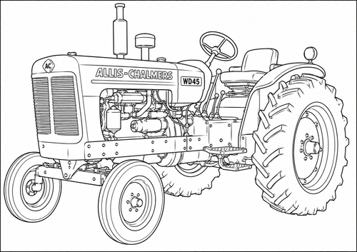Black and white line art illustration of an Allis-Chalmers WD45 tractor, shown from a three-quarters front angle on a plain white background.