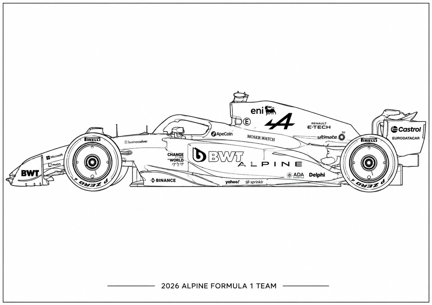 Black and white line art illustration of the 2026 Alpine Formula 1 Team car, featuring sponsor logos and team branding on a white background with text below.