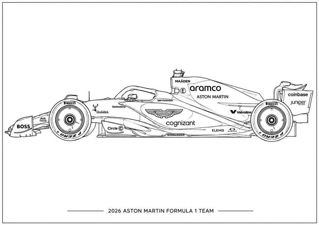 Black and white line art illustration of a 2026 Aston Martin Formula 1 Team car, featuring sponsor logos such as aramco, cognizant, and Maierd on a white background with team text at the bottom.