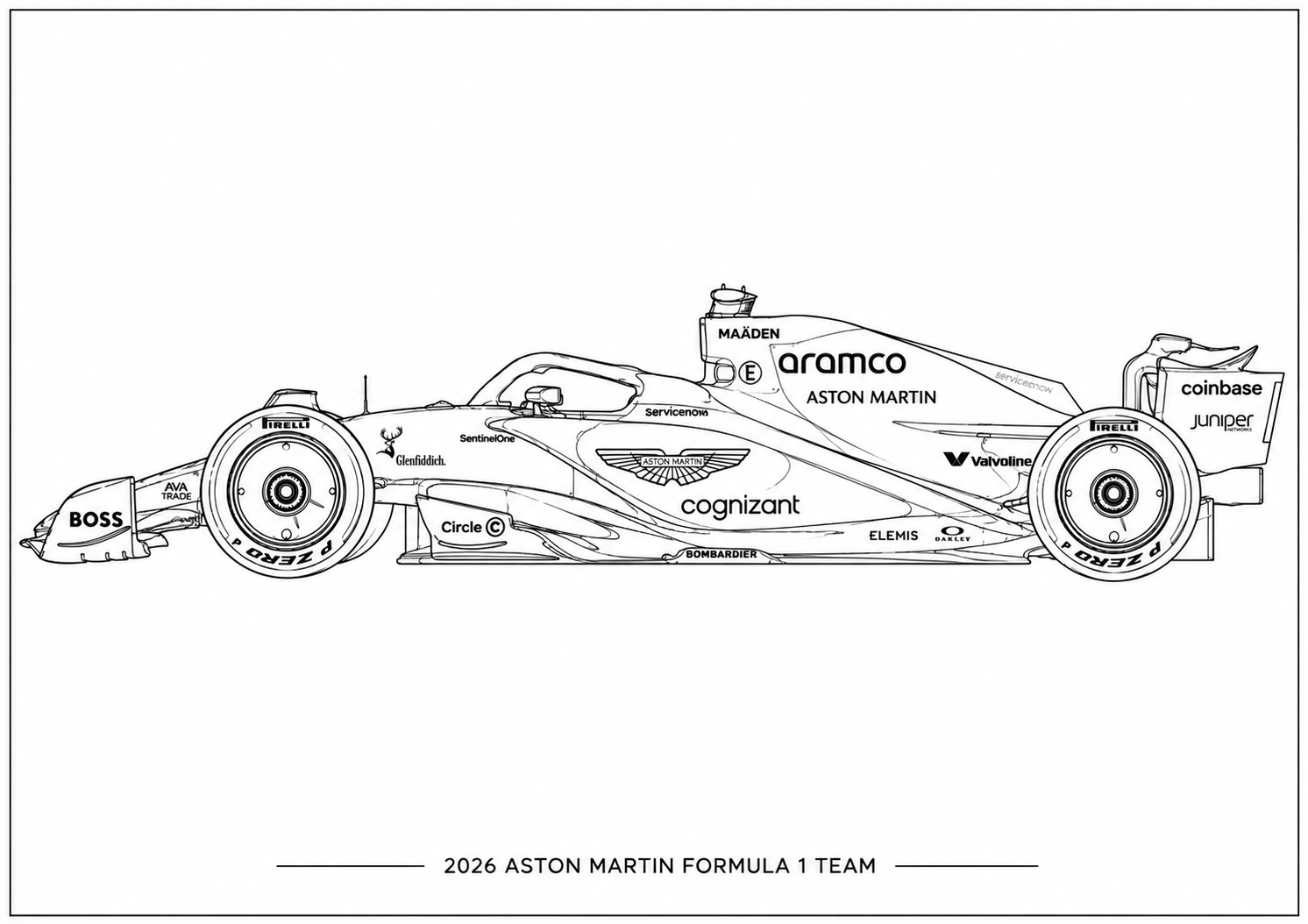 Black and white line art illustration of a 2026 Aston Martin Formula 1 Team car, featuring sponsor logos such as aramco, cognizant, and Maierd on a white background with team text at the bottom.