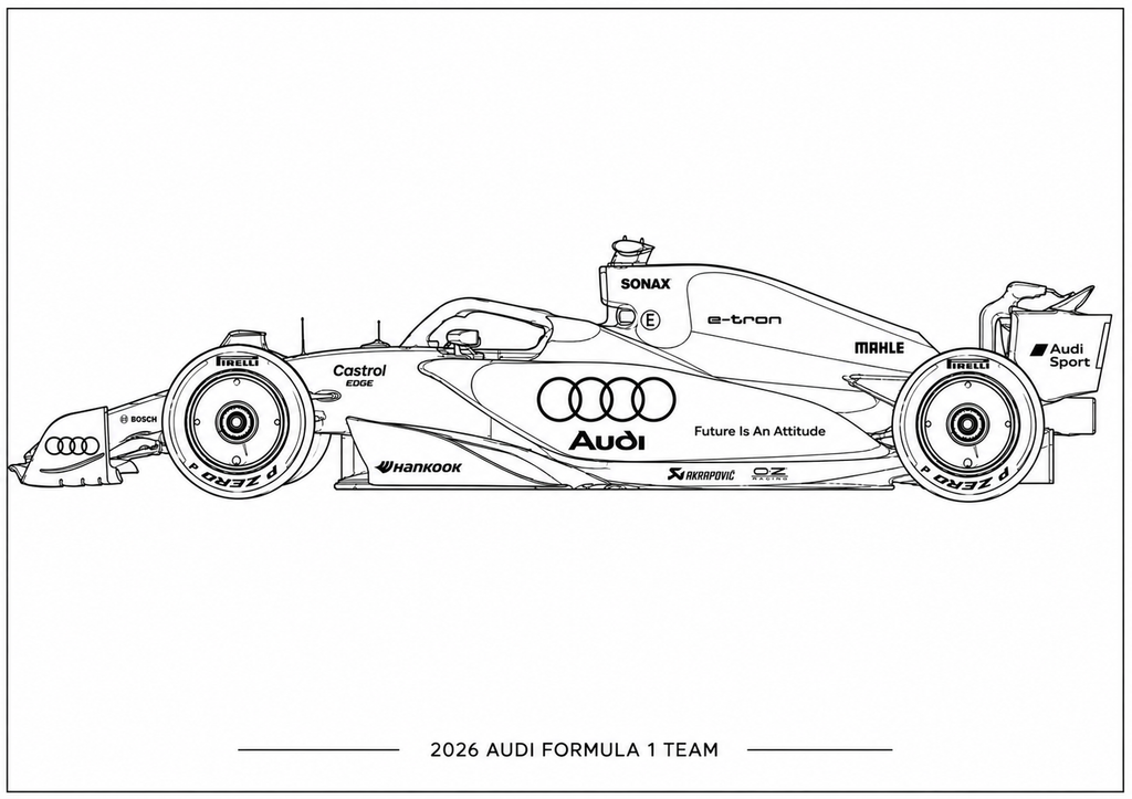 Black and white line art illustration of a 2026 Audi Formula 1 car side profile, featuring team and sponsor logos including Audi, Bixler, Castrol, and Hanomag.