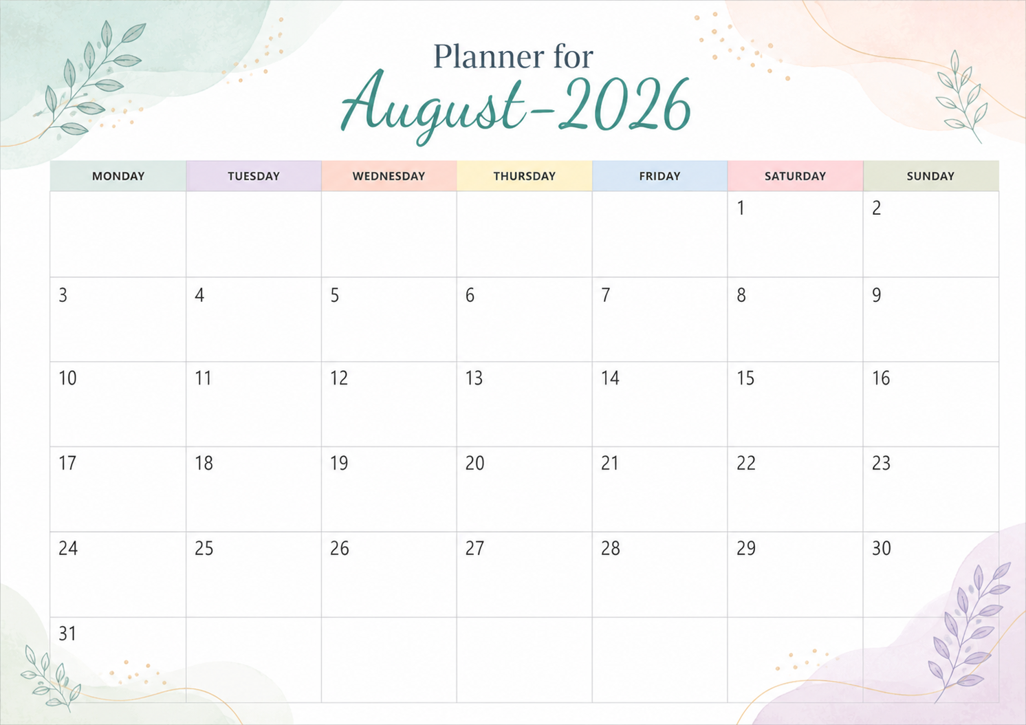 Planner For August 2026