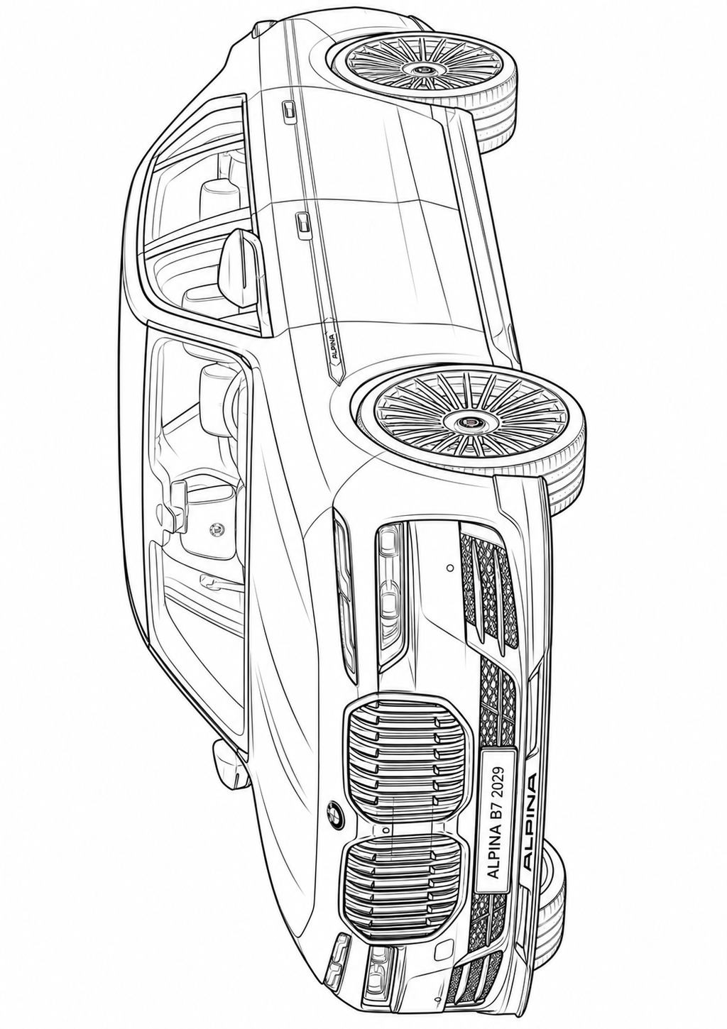 Black and white line art illustration of a BMW Alpina B7 2020 car, shown from a high-angle perspective on a solid white background.