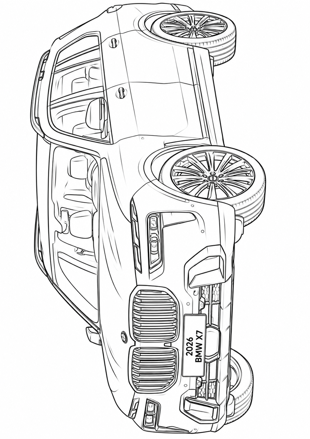 Black and white line art illustration of a BMW X5 SUV shown from an elevated rear three-quarter angle, featuring detailed outlines of the vehicle, wheels, and taillights.