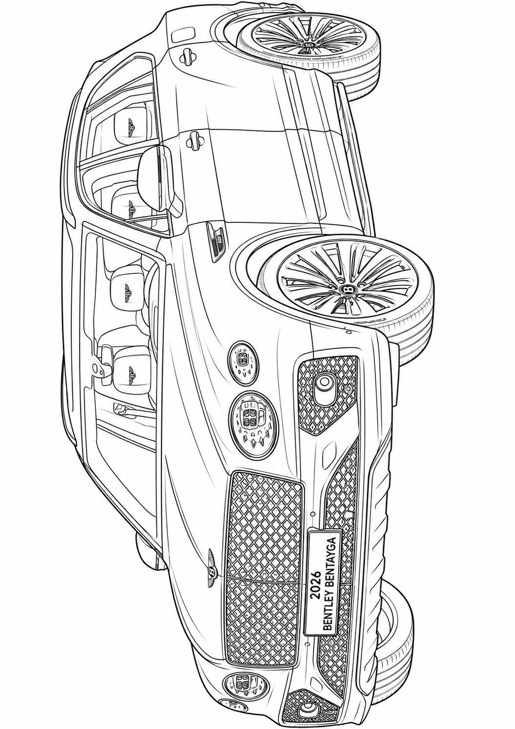 Black and white line art illustration of a luxury car shown from a high-angle top-down perspective, featuring detailed wheel designs, grille patterns, and a license plate reading 'BENTLEY AVIVA'.