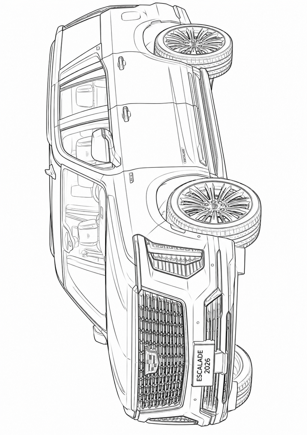 Black and white line art illustration of a luxury SUV shown from a high-angle top-down perspective, featuring a prominent chrome grille and multi-spoke wheels.