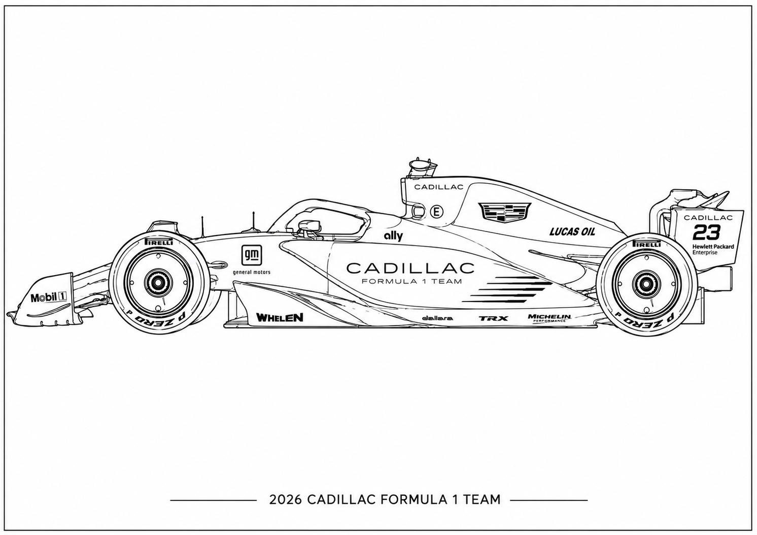 Black and white line art illustration of the 2026 Cadillac Formula 1 Team car, featuring sponsor logos such as Cadillac, Lucas Oil, Michelin, and Pirelli, with the number 23.