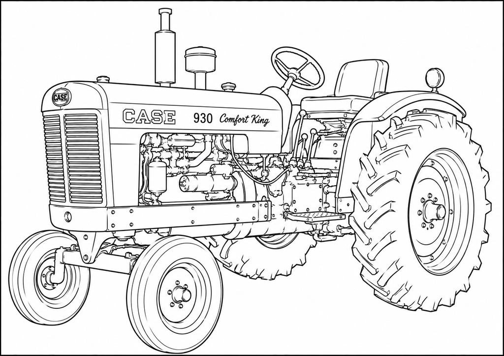 Black and white line art illustration of a CASE 930 Comfort King tractor, shown from a three-quarters front angle, likely used as a coloring page or technical drawing.