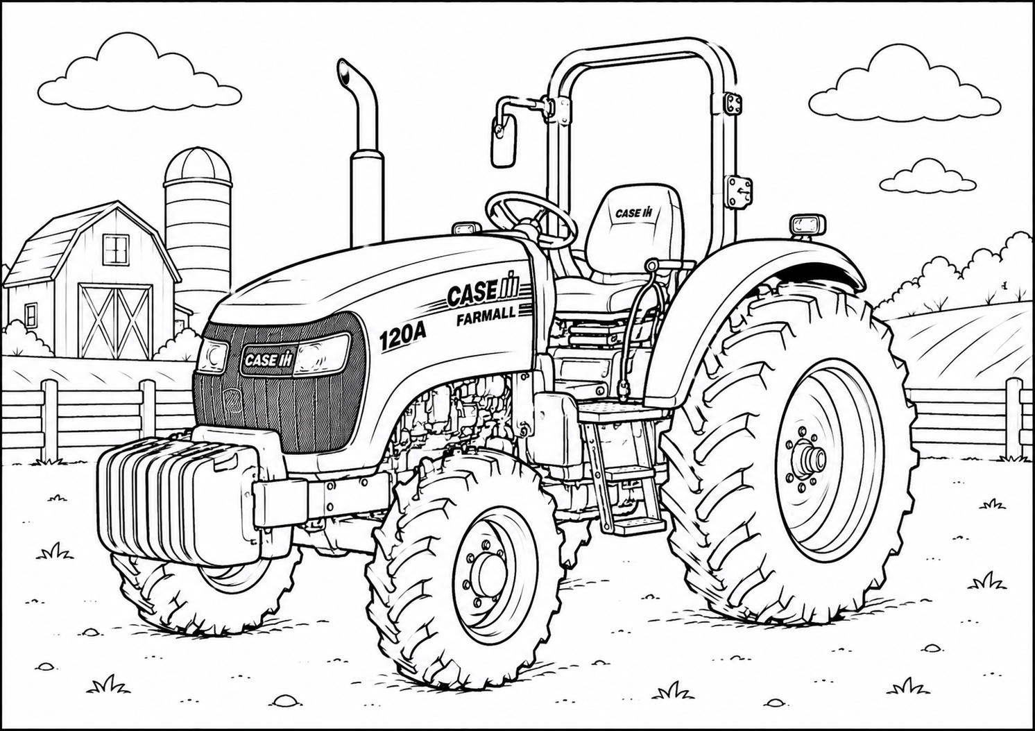 Black and white line art illustration of a Case IH 120A Farmall tractor on a farm background, suitable for coloring pages or prints.