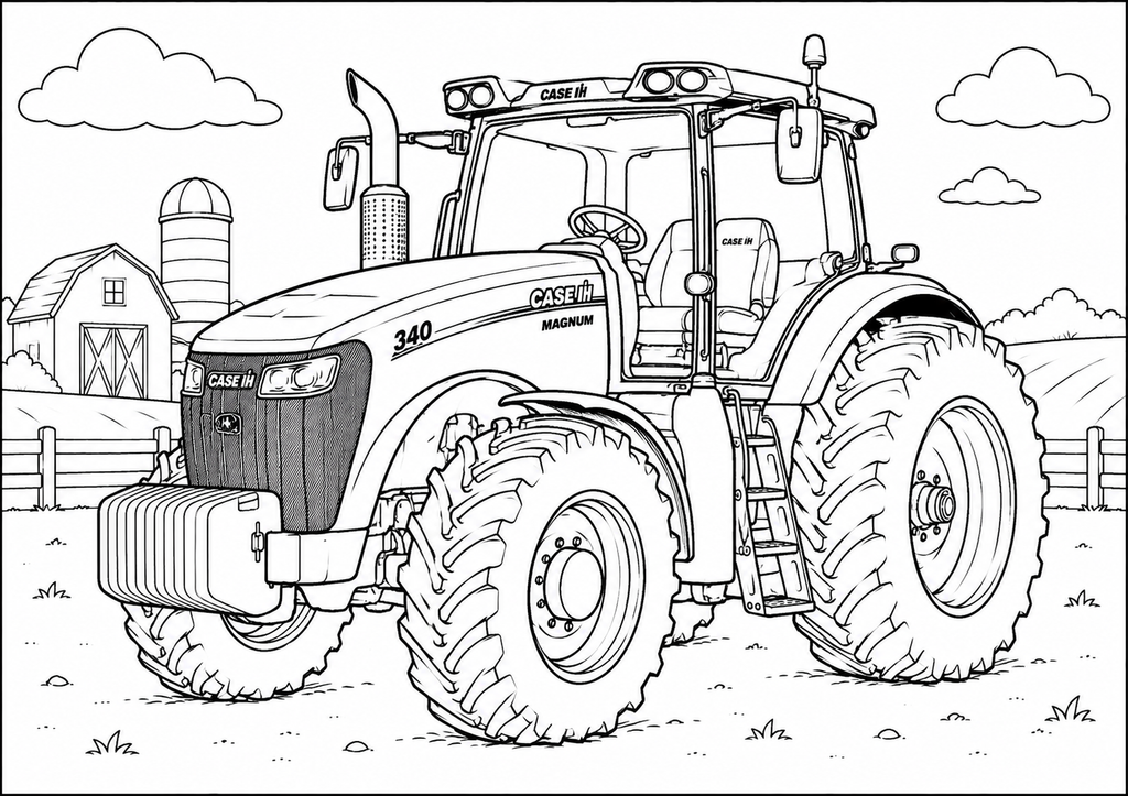 Black and white line art illustration of a Case IH 340 Max-Moh tractor on a farm, with a barn, silo, fence, and clouds in the background.