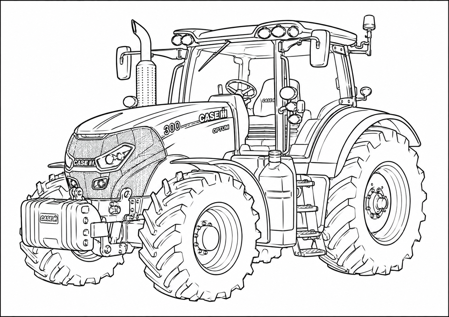 Black and white line art illustration of a Case IH tractor, likely a coloring page or technical drawing, on a plain white background.
