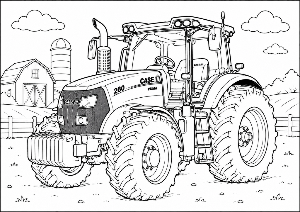 Black and white line art illustration of a Case IH 260 Puma tractor on a farm, with a barn, silo, fence, and clouds in the background.
