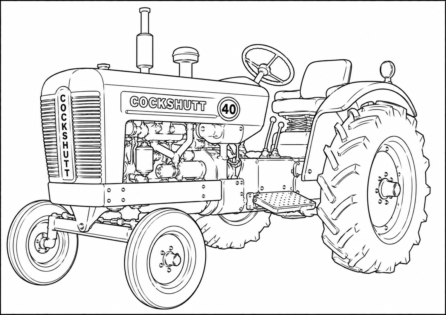 Black and white line art illustration of a vintage Cockshutt tractor, shown from a three-quarters front angle on a plain white background.