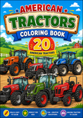 Front cover of the 'American Tractors Coloring Book' featuring illustrations of multiple tractors in a farm scene with a large title banner at the top and feature badges at the bottom.