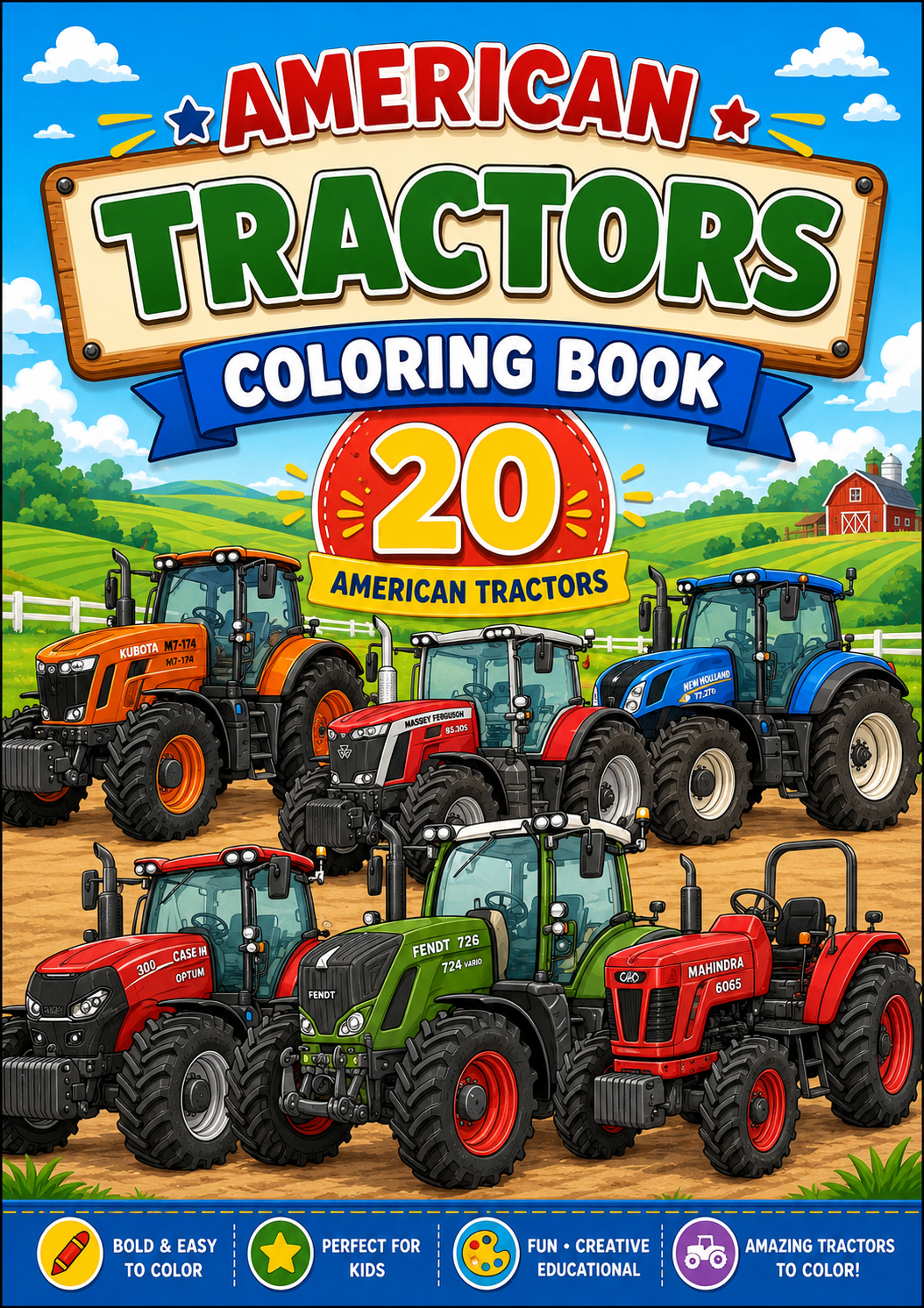 Front cover of the 'American Tractors Coloring Book' featuring illustrations of multiple tractors in a farm scene with a large title banner at the top and feature badges at the bottom.