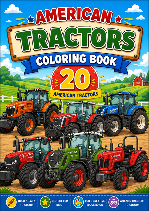 Front cover of the 'American Tractors Coloring Book' featuring illustrations of multiple tractors in a farm scene with a large title banner at the top and feature badges at the bottom.