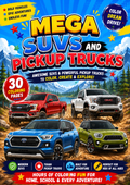 Colorful cover art for a children's coloring book titled 'Mega SUVs and Pickup Trucks' showing four different vehicles on a mountain road with text highlighting 30 coloring pages.