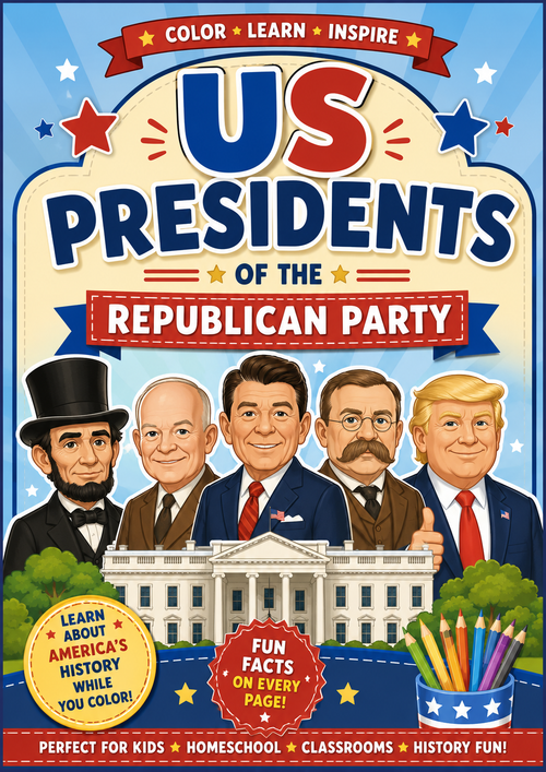 Colorful children's activity book cover titled 'US Presidents of the Republican Party' with cartoon portraits of five presidents, the White House, stars, and patriotic banners on a blue background.