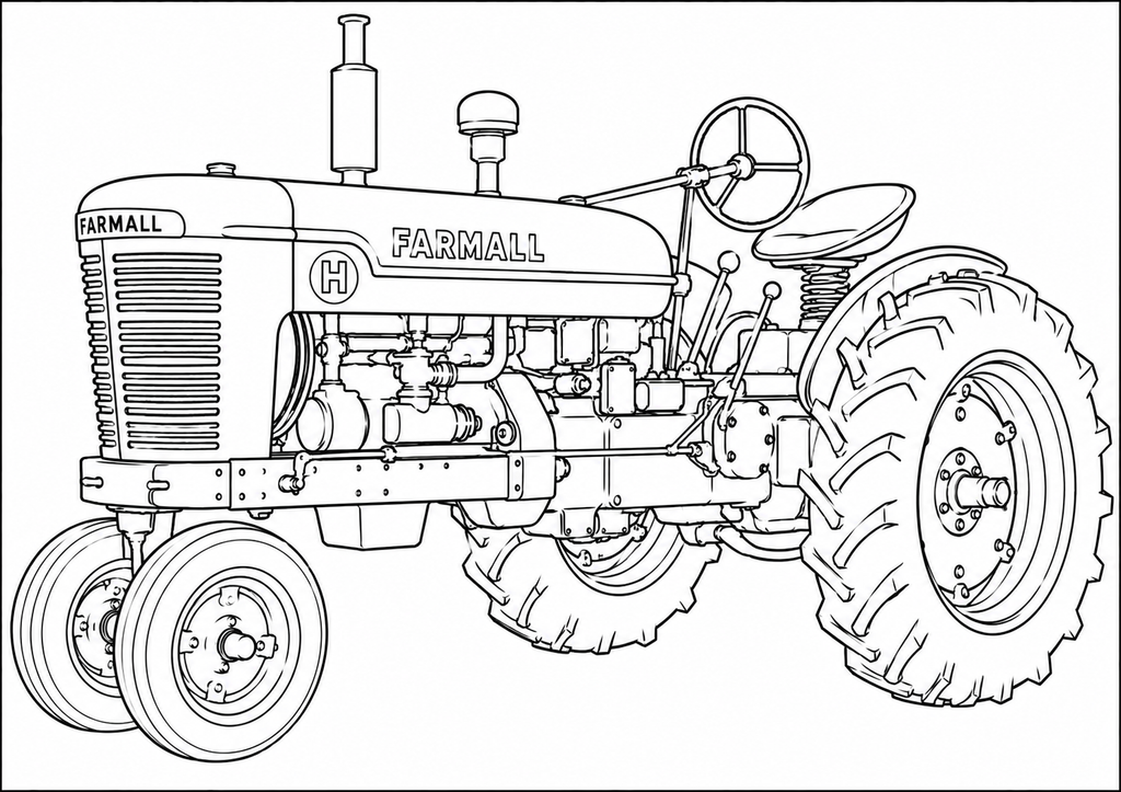 Black and white line art illustration of a Farmall tractor, showing the side profile with detailed mechanical components, large rear tires, and front wheels.