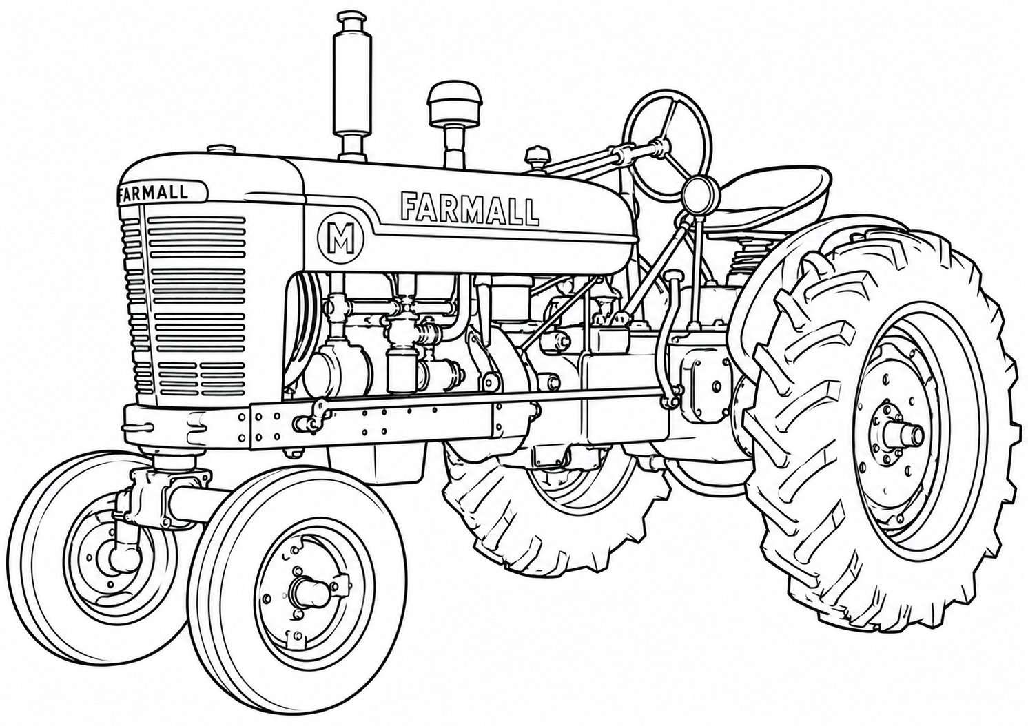 Black and white line art illustration of a Farmall tractor, showing the front three-wheel configuration, engine details, steering wheel, and large rear tires on a plain white background.
