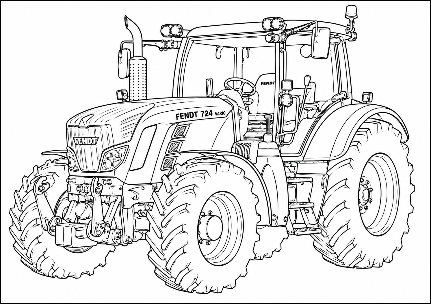 Black and white line art illustration of a Fendt 7244 tractor, shown from a three-quarters front angle on a plain white background.