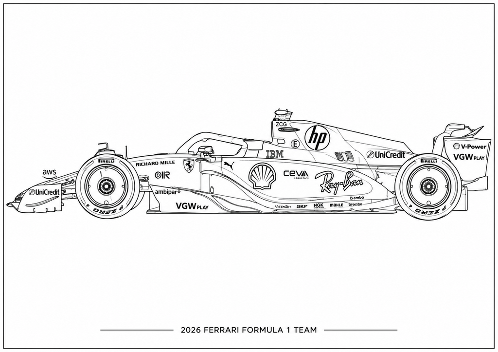 Black and white line art illustration of a 2026 Ferrari Formula 1 car, featuring various sponsor logos such as HP, Ray-Ban, and Shell, with the text '2026 FERRARI FORMULA 1 TEAM' below.