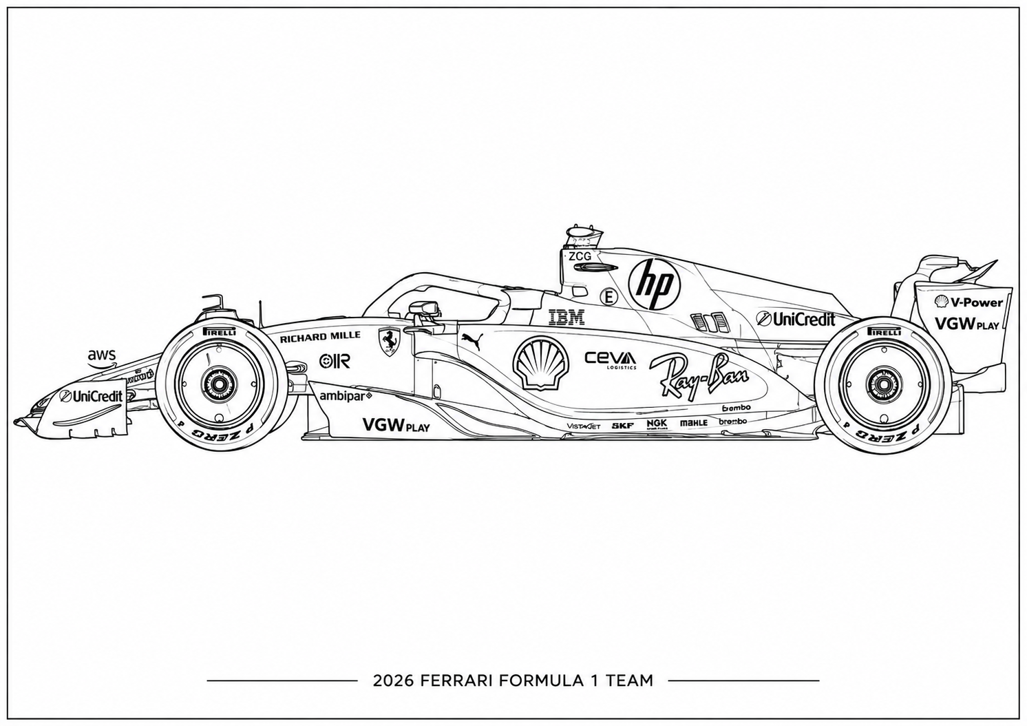 Black and white line art illustration of a 2026 Ferrari Formula 1 car, featuring various sponsor logos such as HP, Ray-Ban, and Shell, with the text '2026 FERRARI FORMULA 1 TEAM' below.