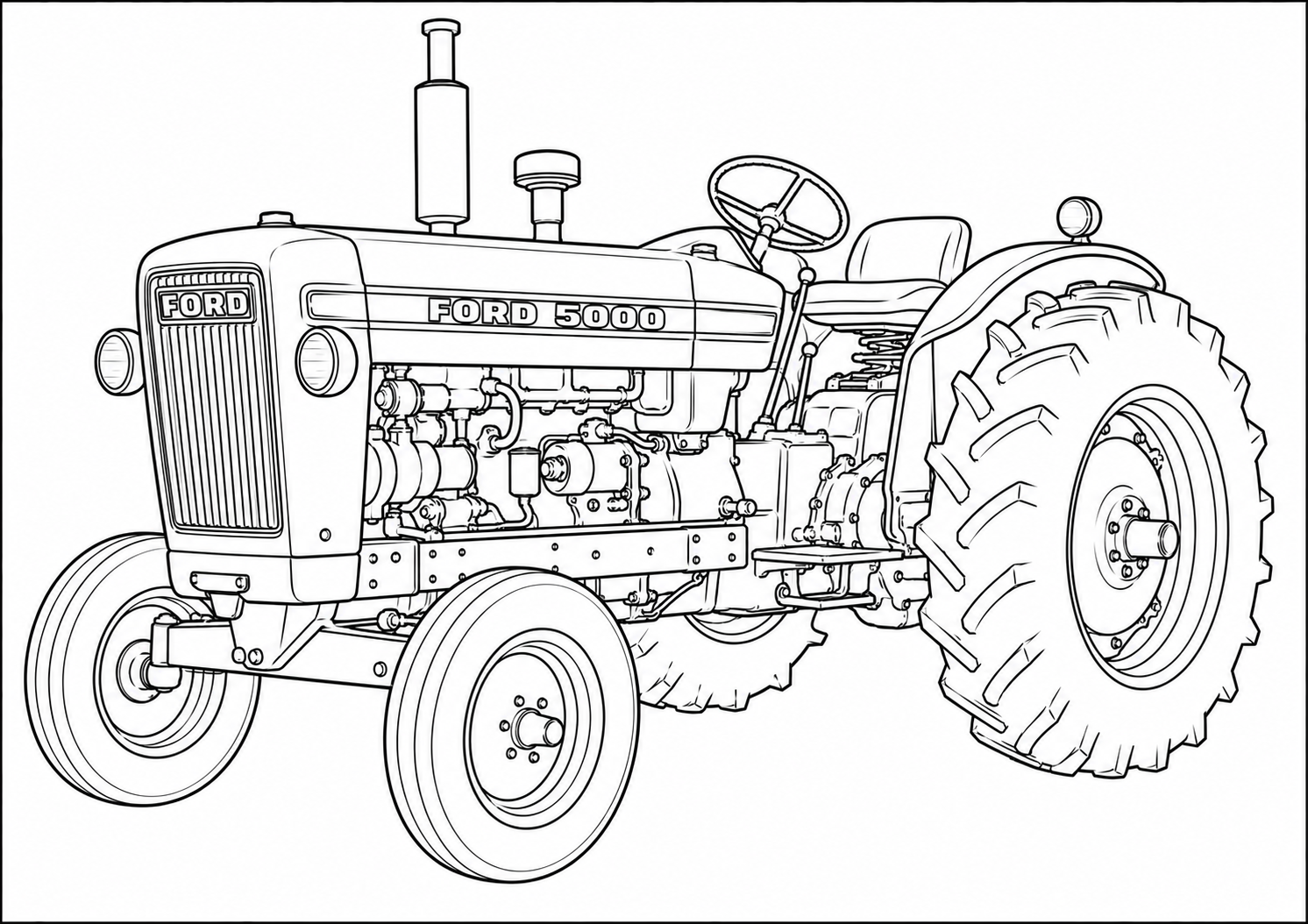 Black and white line art illustration of a vintage Ford 5000 tractor, shown from a three-quarters front angle on a plain white background.
