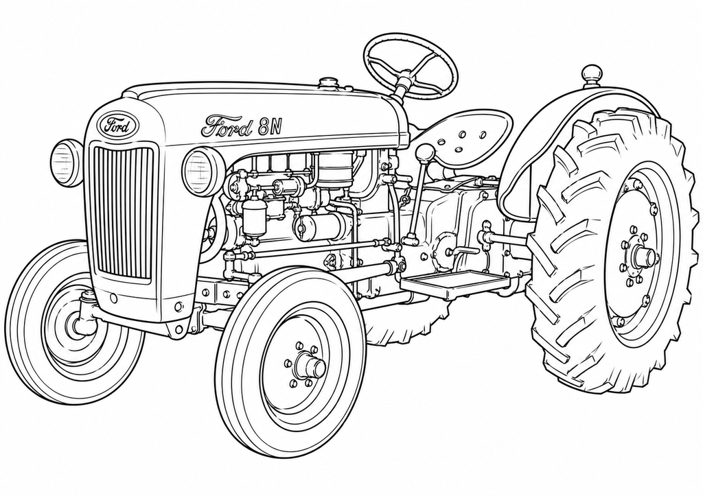 Black and white line art illustration of a vintage Ford 9N tractor, shown from a three-quarters front angle, likely designed as a coloring page or print.
