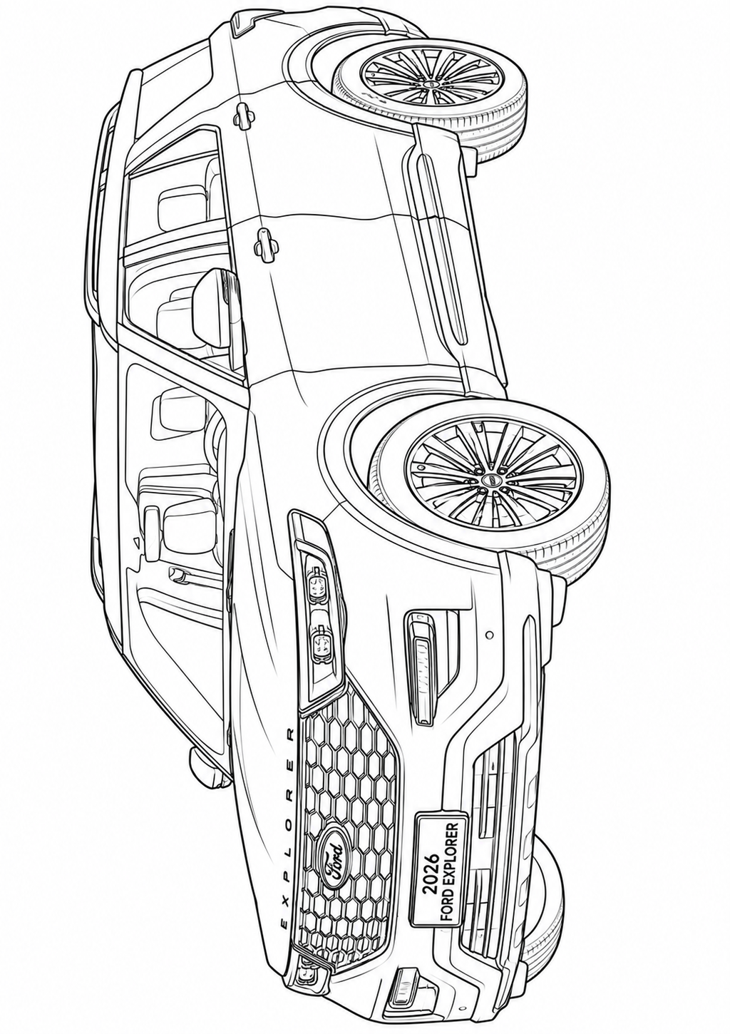 Black and white line art illustration of a 2026 Ford Explorer SUV, shown from a high-angle perspective with its doors open, on a solid white background.