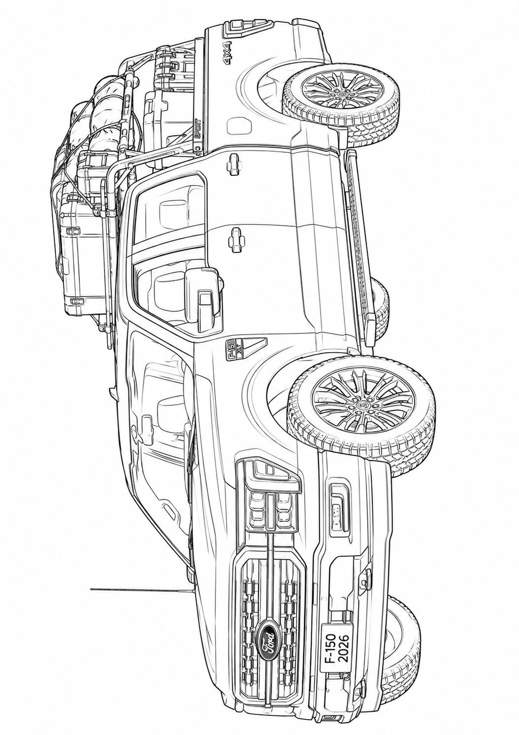 Black and white line art illustration of a Land Rover F-450 2022 vehicle, shown from an elevated rear three-quarter perspective with its doors open, revealing the interior cargo bed and spare tires.