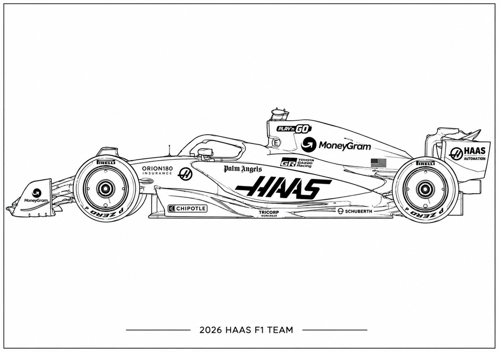 Black and white line art illustration of a 2026 HAAS F1 Team Formula 1 race car, featuring various team and sponsor logos on the side, with the text '2026 HAAS F1 TEAM' below on a white background.