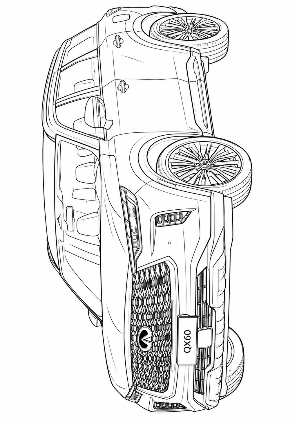 Black and white line art illustration of a luxury SUV shown from a high-angle top-down perspective, featuring the front grille, wheels, and side profile.