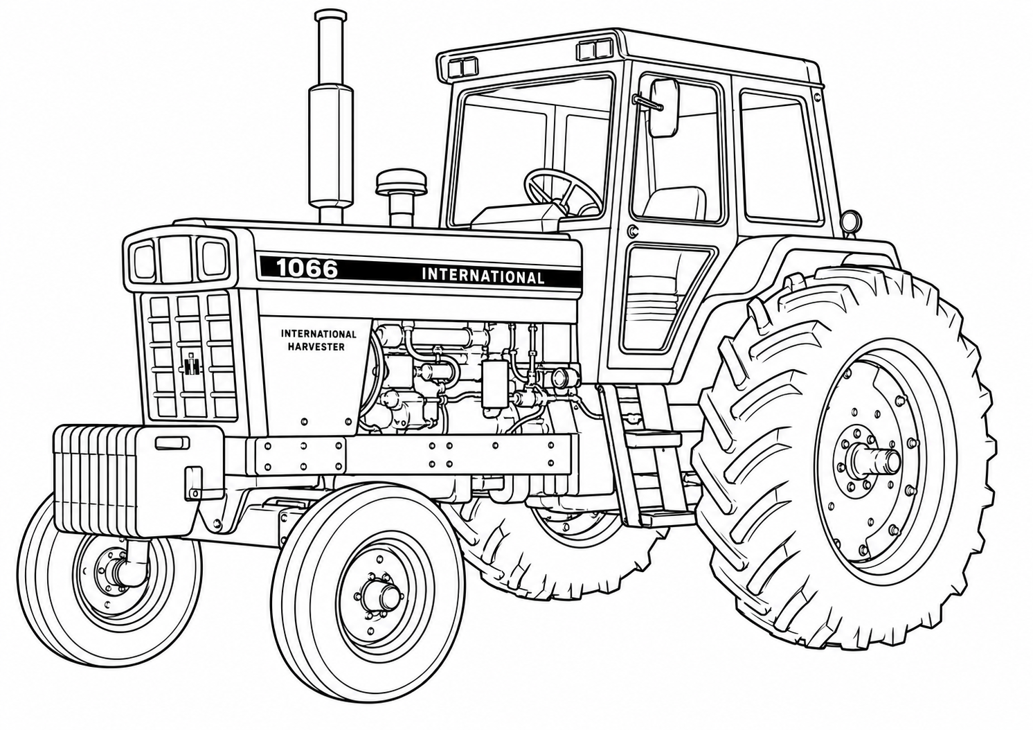 Black and white line art illustration of an International 1066 tractor, showing detailed vehicle structure and large rear tires on a plain white background.