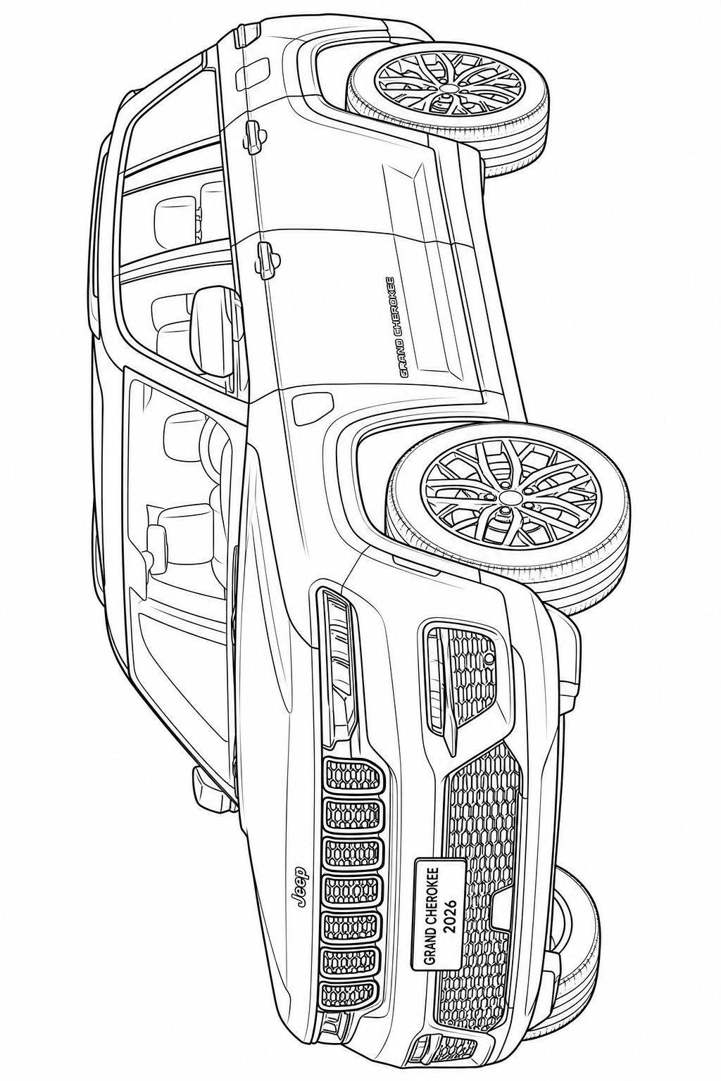 Black and white line art illustration of a Jeep Grand Cherokee 2020, shown from a high-angle perspective on a solid white background.