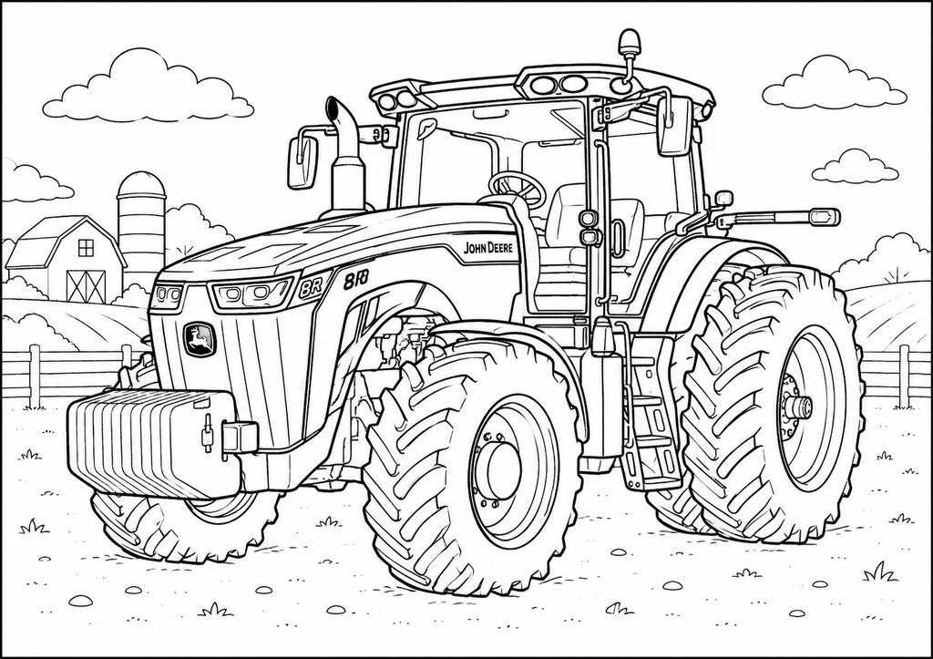 Black and white line art illustration of a John Deere 8100 tractor on a farm, shown as a coloring page or print design.