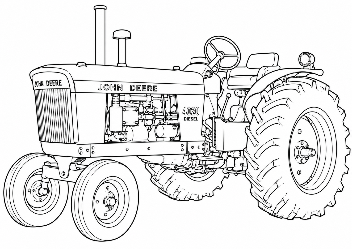 Black and white line art illustration of a John Deere 4000 Diesel tractor, showing detailed vehicle structure and features.