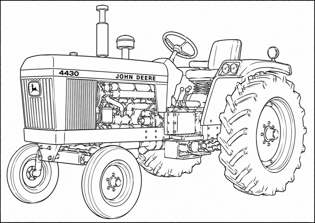 Black and white line art illustration of a John Deere 4430 tractor, showing detailed mechanical components, large rear tires, and the front grille with the John Deere logo.