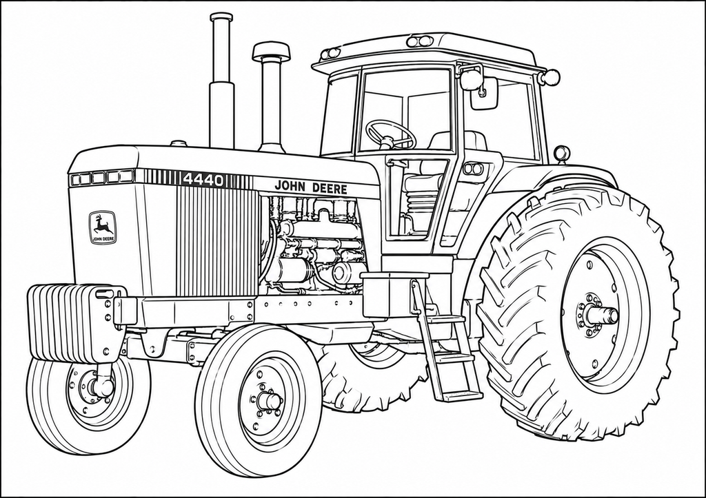Black and white line art illustration of a John Deere 4400 tractor, shown from a three-quarters front angle on a plain white background.