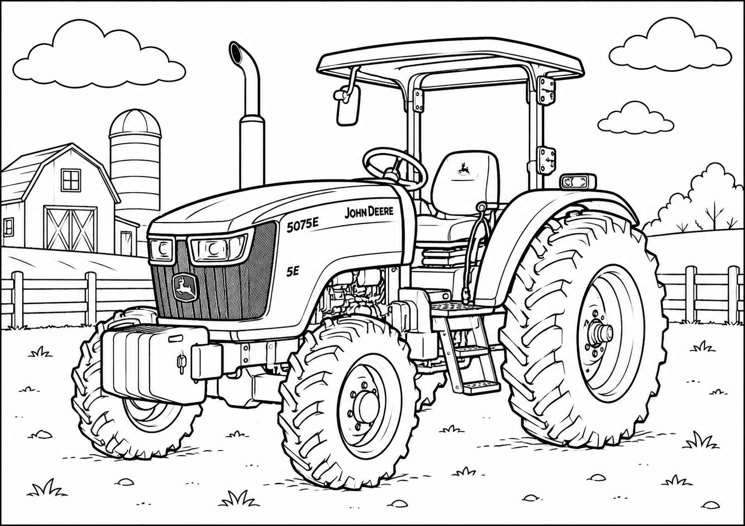 Black and white line art illustration of a John Deere 5075 SE tractor in a farm setting with a barn, silo, fence, and clouds.